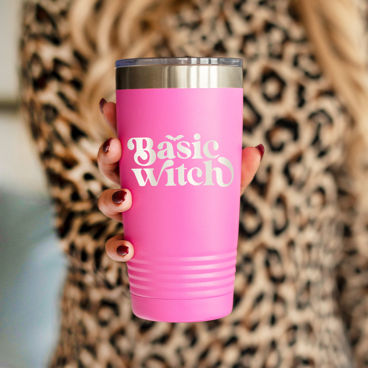 Basic Witch Pink Halloween Travel Coffee Tumbler - Insulated, Stainless, Tumbler Cup - 20 oz