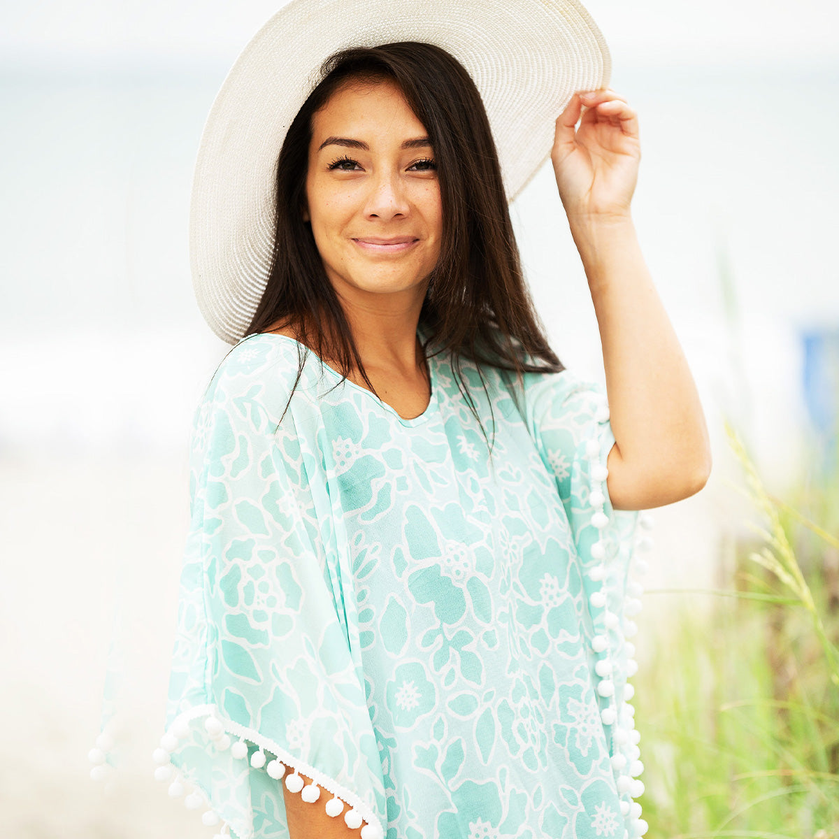 Beach Cover Up with Pom Poms - Ocean Breeze